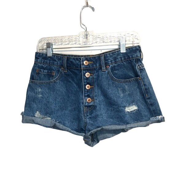 FOREVER 21 High Rise Distressed Denim Jean Shorts Button Fly size 28 - Picture 1 of 8